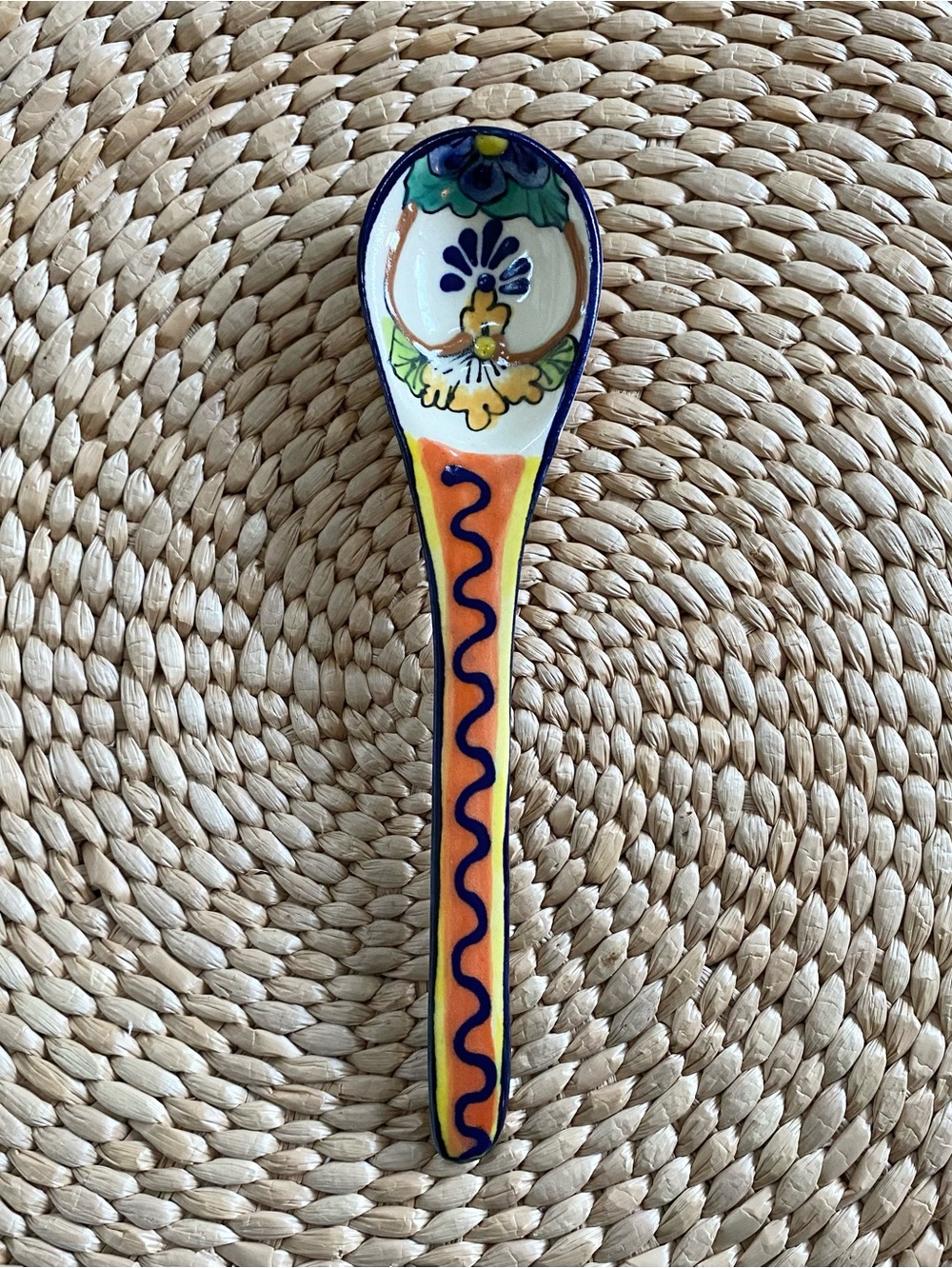 Mexican Talavera Ceramic Condiment Spoon Hand Painted Floral Boho Mexico Q
